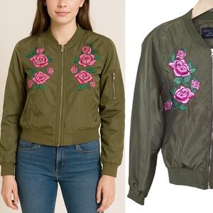 Love Tree Olive Green Floral Embroidered Bomber Jacket